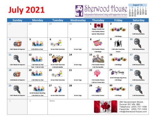 Sherwood House Activity Calendar July 2021