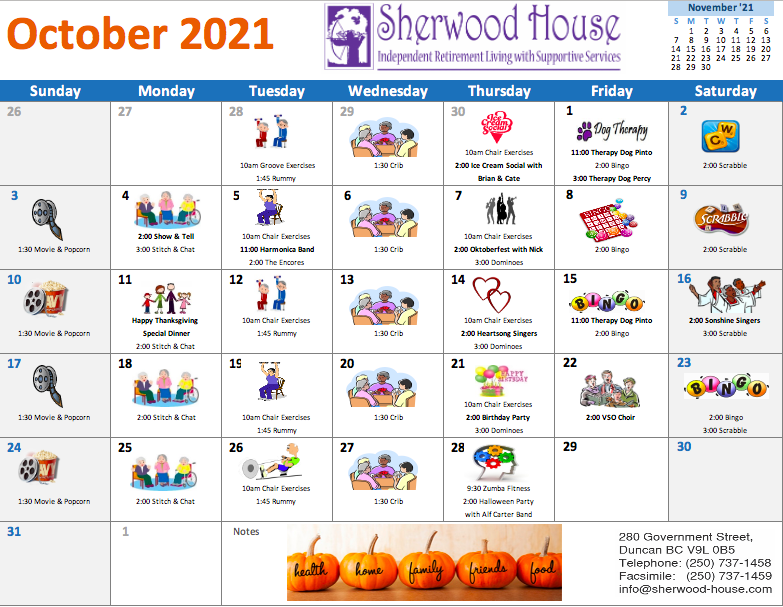 Image of Sherwood House's October calendar of events