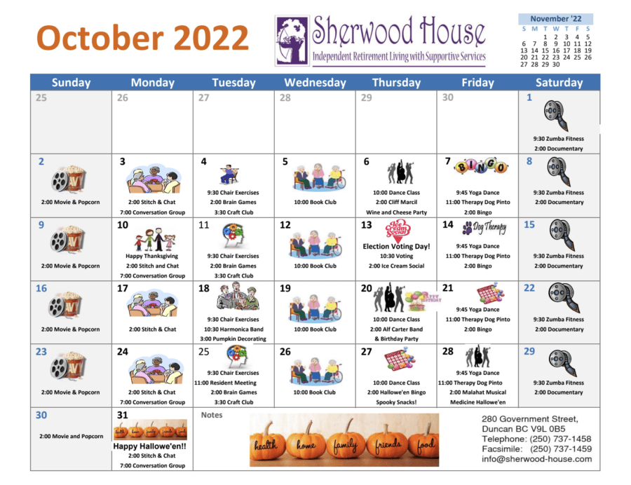 Sherwood House October Calendar