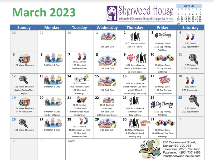 Sherwood House March calendar