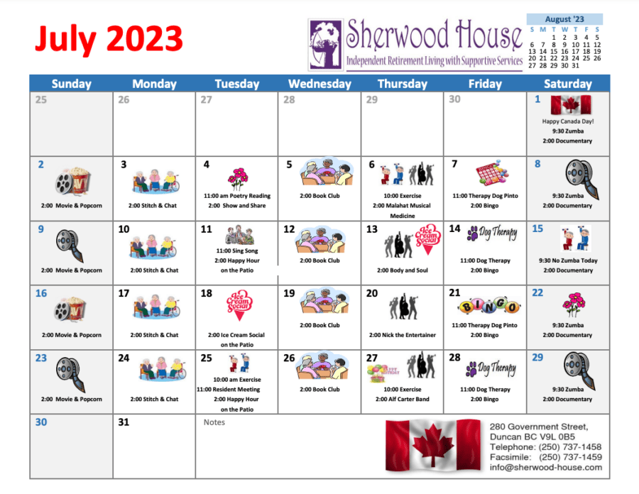 Sherwood House July calendar of activity