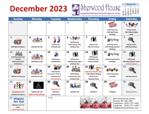 Sherwood December calendar of activity