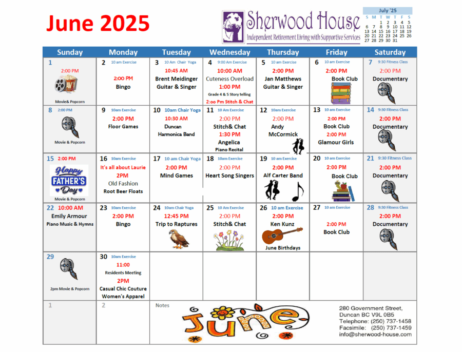 Sherwood House June Calendar